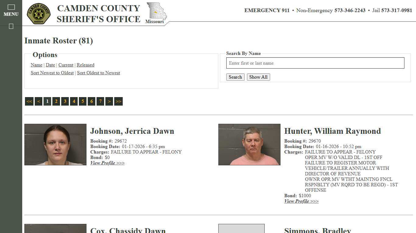 Inmate Roster - Current Inmates Booking Date Descending - Camden County Missouri Sheriff's Office